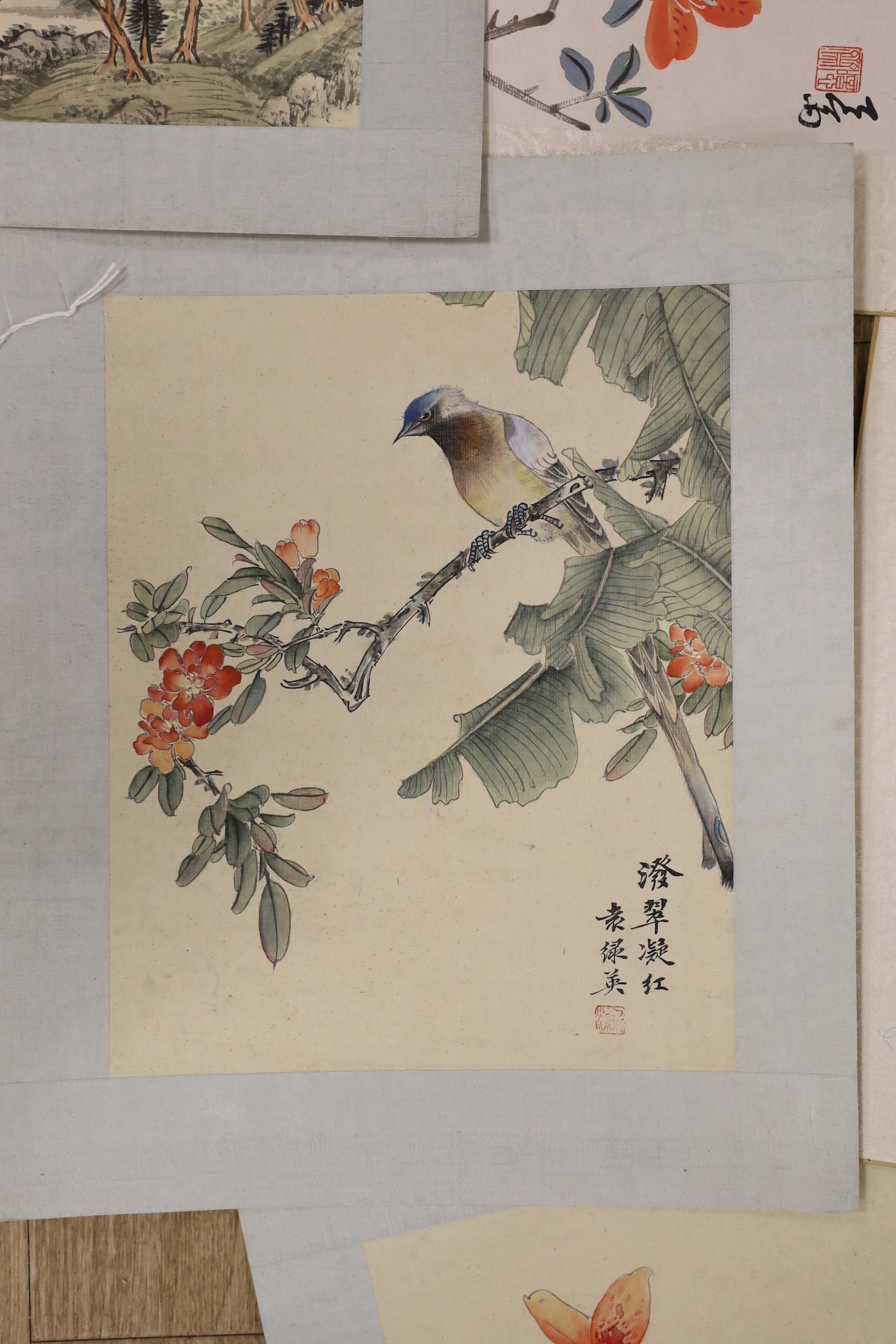 Chinese School, late 20th century, two paintings on silk and three colour woodblocks on paper of birds and flowers and two landscape paintings on silk, approx. 27 x 21cm (7)